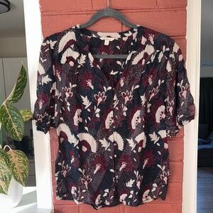 Lucky Brand Floral Button Down Blouse - Black, Cream, Blue, and Red